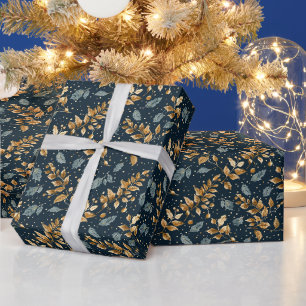 Papel De Regalo Fondo azul con hojas de oro y gris Verde azulado