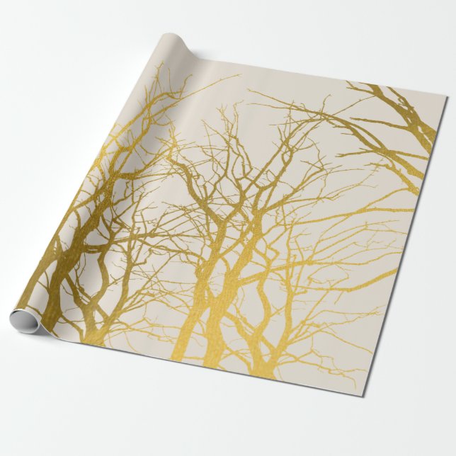 Papel De Regalo Fondo Beige del patrón de ramas de árbol de oro (Desenrollado)