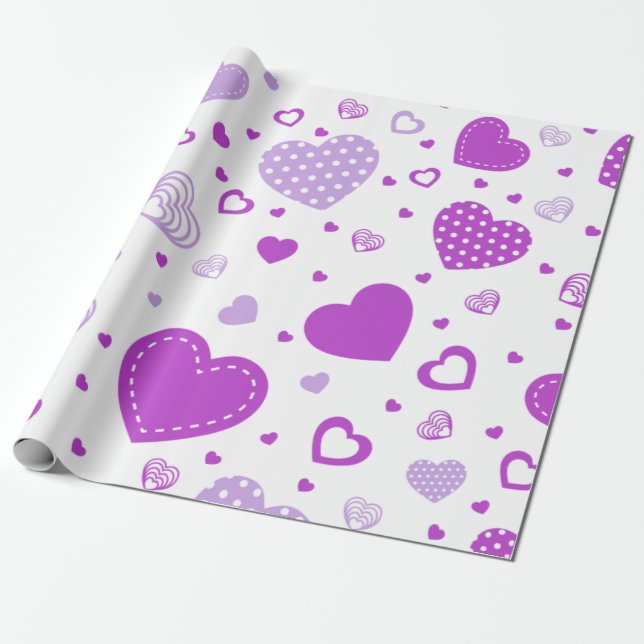 Papel De Regalo Fondo blanco de corazón púrpura (Desenrollado)