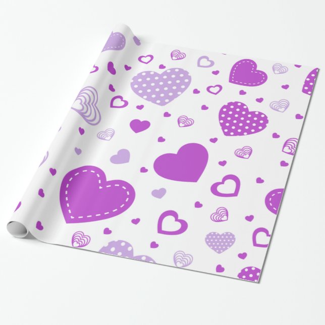Papel De Regalo Fondo blanco de corazón púrpura (Desenrollado)