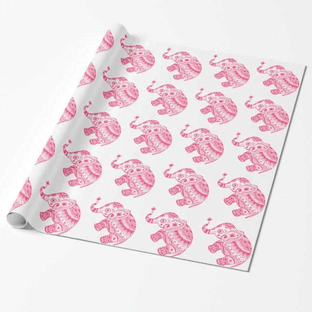 Papel De Regalo Fondo blanco de elefante floral rosa (Desenrollado)