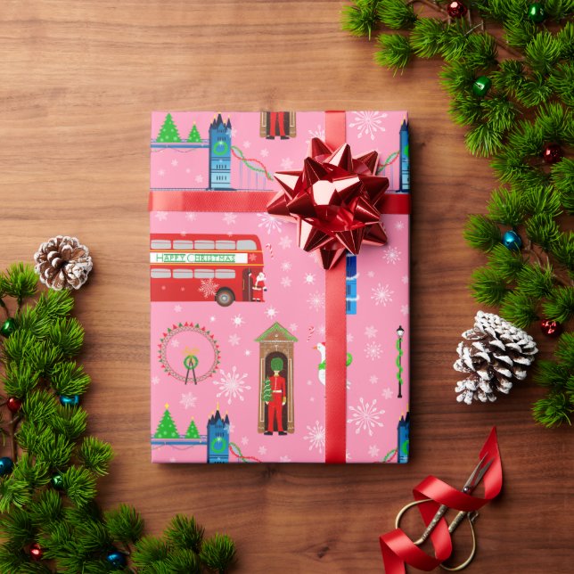Papel De Regalo Fondo de patrón rosa de Navidad de Londres (Regalo de vacaciones)