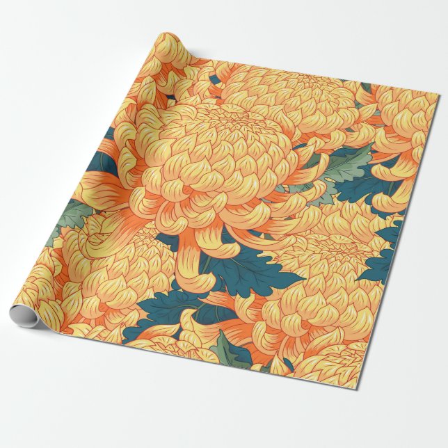 Papel De Regalo Fondo inmaculado con flores amarillas japonesas (Desenrollado)
