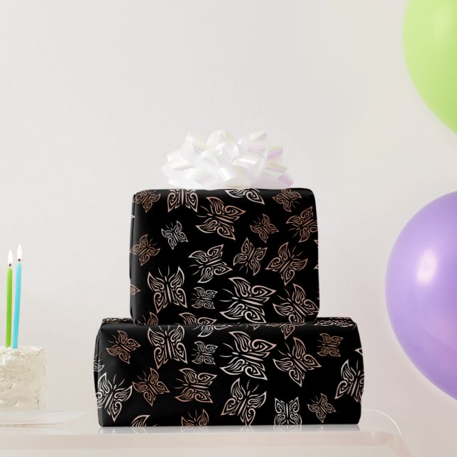Papel De Regalo Fondo negro de las mariposas de oro Rosa (Regalos de fiesta)