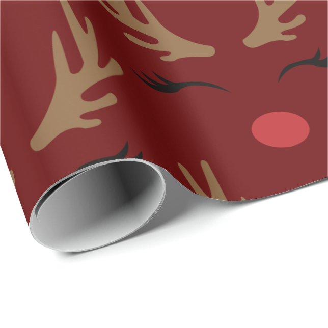 Papel De Regalo Fondo rojo lindos renos alegres navidades (Esquina del rollo)