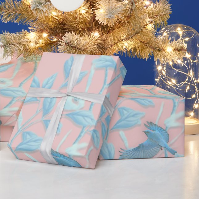 Papel De Regalo Fondo rosa con aves y flores (Vacaciones)