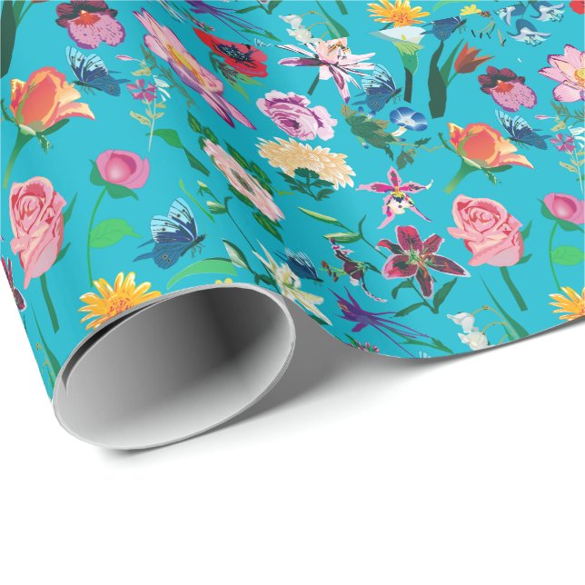 Papel De Regalo Fondo turquesa de flores coloridas (Esquina del rollo)