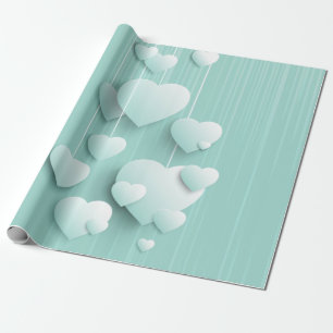 Papel De Regalo Fondo verde claro con corazones blancos 3D