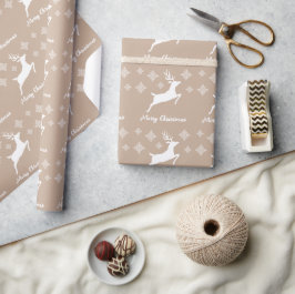 Papel De Regalo Forma de ciervo blanco en beige con copos de nieve