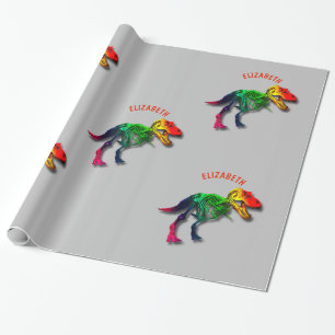 Papel De Regalo Fósil divertido del arco iris T Rex con su nombre