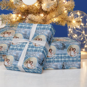 Papel De Regalo Foto Azul Acogedor Cuadros Navidad Invernal