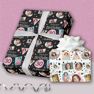 Papel De Regalo Foto: Black Pink Confetti Name 30th Birthday