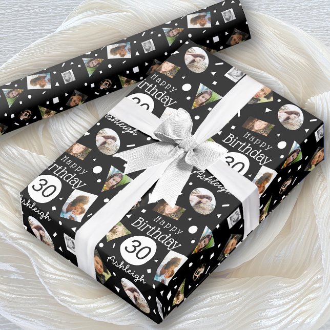 Papel De Regalo Foto: Black White Confetti Name, cumpleaños número (Subido por el creador)