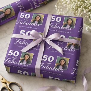 Papel De Regalo Foto de cumpleaños 50 y fabuloso 50º púrpura