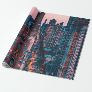 PAPEL DE REGALO FOTO DE EDIFICIOS DE ALTO ALZA CON SK AZUL Y ROSA