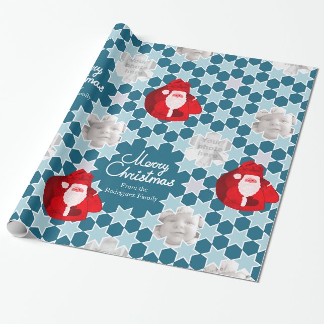 Papel De Regalo Foto de familia azul roja del navidad del modelo (Desenrollado)