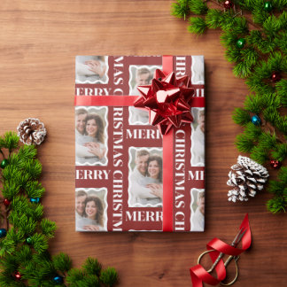 Papel De Regalo Foto de Feliz Navidad en Marco Escalonado Rubí Roj