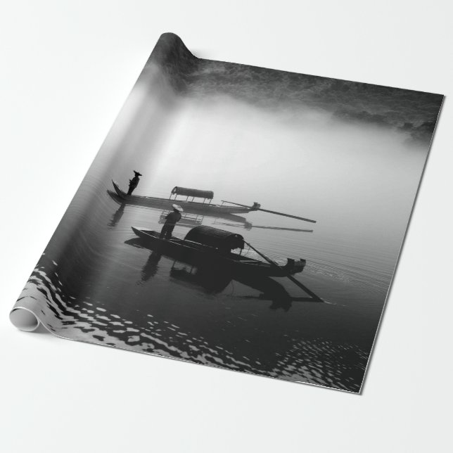PAPEL DE REGALO FOTO DE GRAYSCALE DE DOS BARCOS DE FILA (Desenrollado)