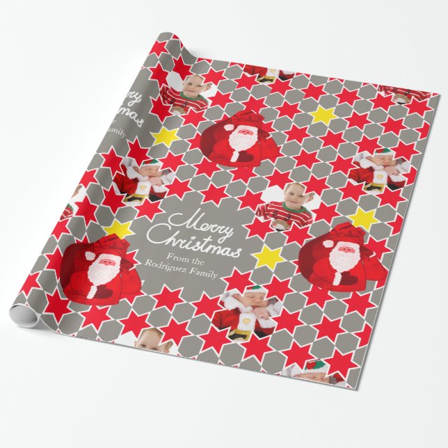 Papel De Regalo Foto de la familia de Navidades grises rojos con p (Desenrollado)