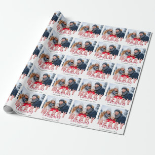 Papel De Regalo Foto de la familia Pink Red Merry Christmas Script