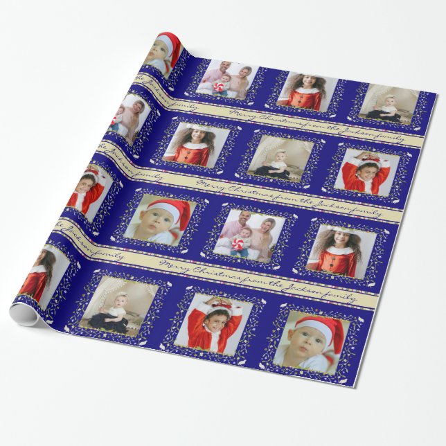 Papel De Regalo Foto de Mistletoe partridge stripes Navidades azul (Desenrollado)