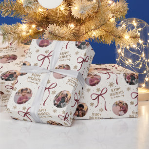 Papel De Regalo Foto de Navidad con Lazo Burgundy Familiar