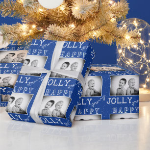 Papel De Regalo Foto de Navidad con Tipografía Blanca y Azul Festi