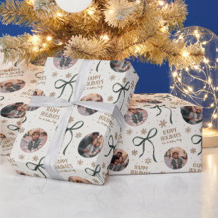 Papel De Regalo Foto de Navidad de la familia con lazo verde