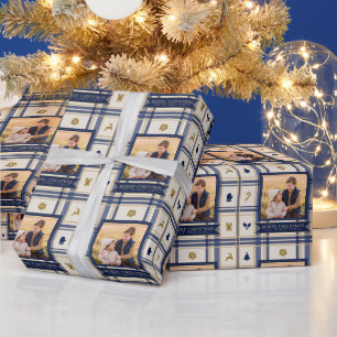 Papel De Regalo Foto de Navidad de Plaid Navy de Familia Feliz Nav