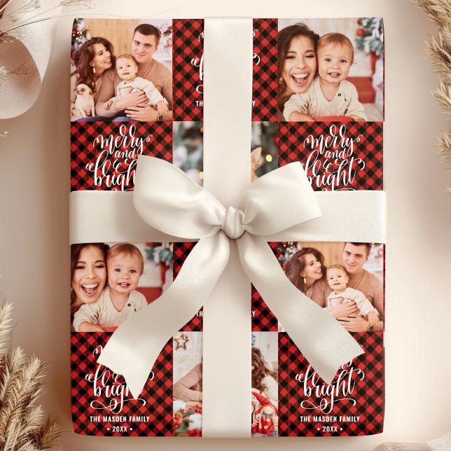 Papel De Regalo Foto De Navidades Brillantes De Búfalo Plaid Merry (Subido por el creador)