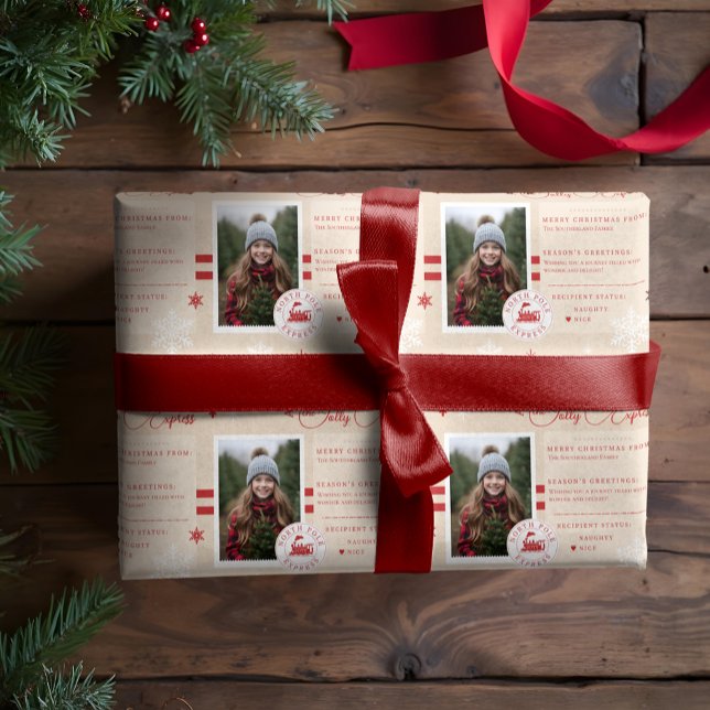 Papel De Regalo Foto de Navidades del Ticket North Pole Express (North Pole Express Train Ticket Christmas Photo Wrapping Paper)