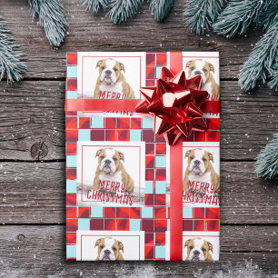 Papel De Regalo Foto de perro Bulldog de cuadros rojos Feliz Navid