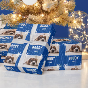 Papel De Regalo Foto de Perro Copos de Nieve Azul Nombre de Mascot