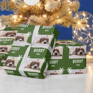 Papel De Regalo Foto de Perro Copos de Nieve Verde Nombre de Masco
