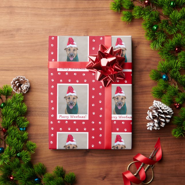 Papel De Regalo Foto de perro Mascota personalizada Red Merry Woof (Regalo de vacaciones)