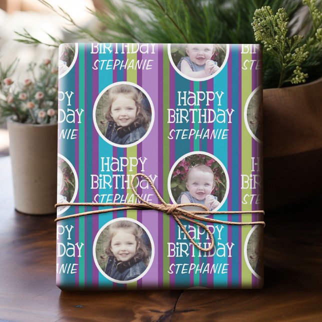 Papel De Regalo Foto de personalizado Rayas de Cumpleaños Brillant (Custom Photo Wrapping Paper)
