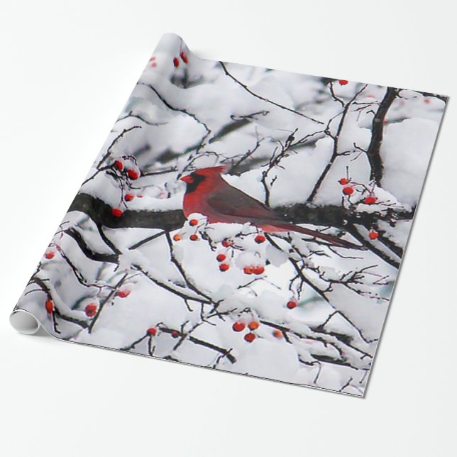 Papel De Regalo Foto del árbol de nieve del cardenal rojo (Desenrollado)