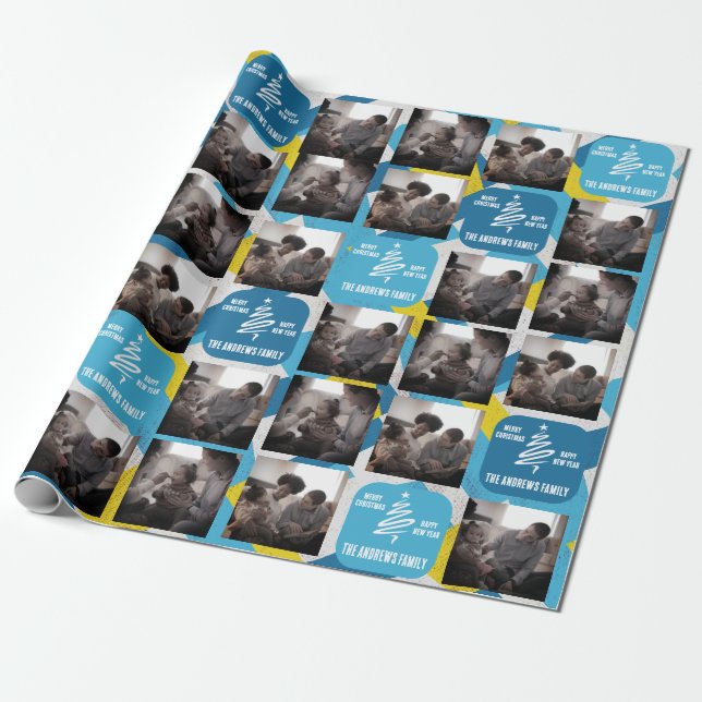 Papel De Regalo Foto familiar de navidades amarillo geométrico azu (Desenrollado)