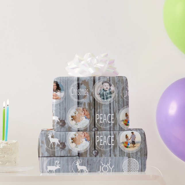 Papel De Regalo Foto familiar de Navidades de madera de granero rú (Regalos de fiesta)