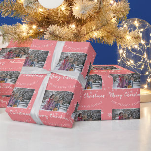 Papel De Regalo Foto Familiar Escritura Rosa Feliz Navidad 
