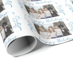 Papel De Regalo Foto familiar Navidades de follaje azul Feliz feri