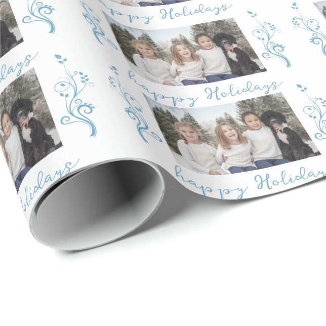 Papel De Regalo Foto familiar Navidades de follaje azul Feliz feri (Esquina del rollo)