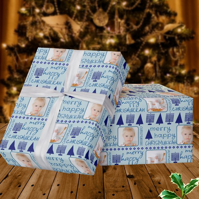 Papel De Regalo Foto interconfesional de la Marina de los Cerezos  (Add a photo to this cute blue Chrismukkah wrapping paper for interfaith families and holidays)