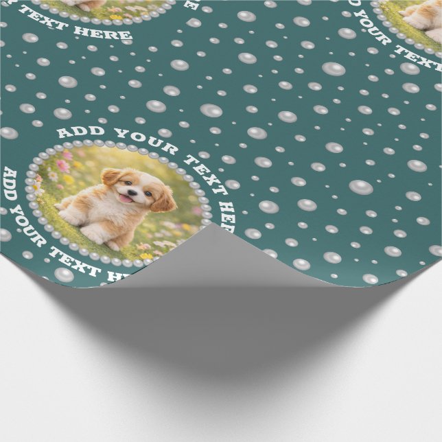 Papel De Regalo Foto personalizada con círculo de perlas sobre azu (Esquina)
