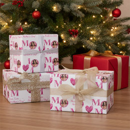 Papel De Regalo Foto personalizada Pink Floral Lettering Heart Mom