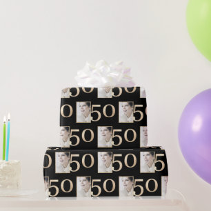 Papel De Regalo Foto personalizado Black and Gold 50th Birthday