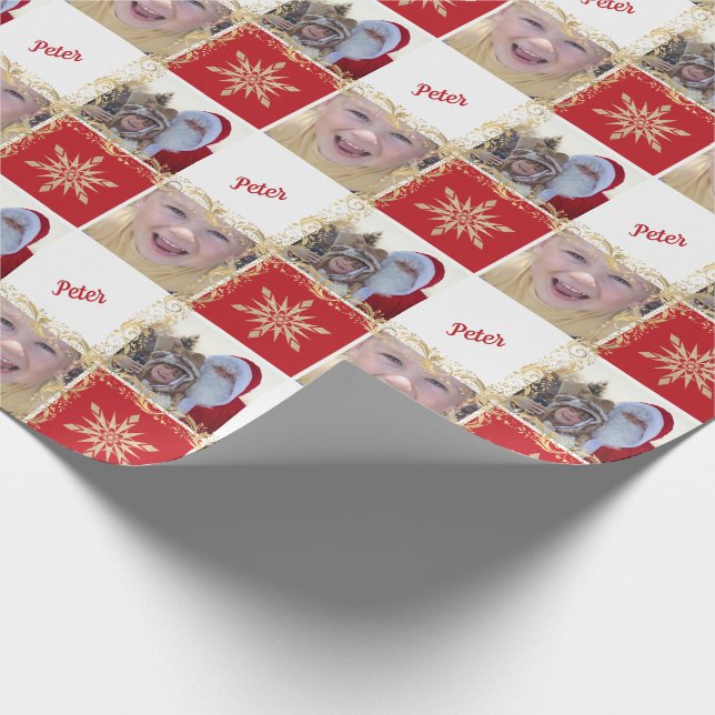 Papel De Regalo Foto personalizado Nombre Oro y Navidades Rojos Co (Esquina)