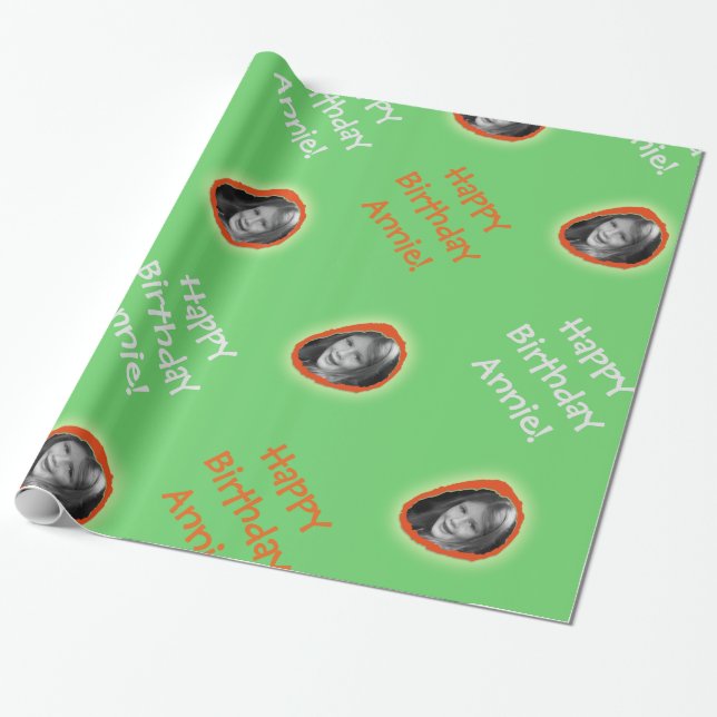 Papel De Regalo Foto personalizado y saludo en verde (Desenrollado)
