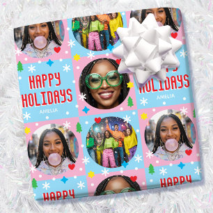 Papel De Regalo Foto Retro Azul de Navidad con Texto Personalizado