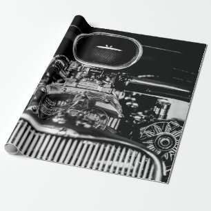 PAPEL DE REGALO FOTOGRAFÍA DE GRAYSCALE DEL MOTOR DE VINTAGE CAR